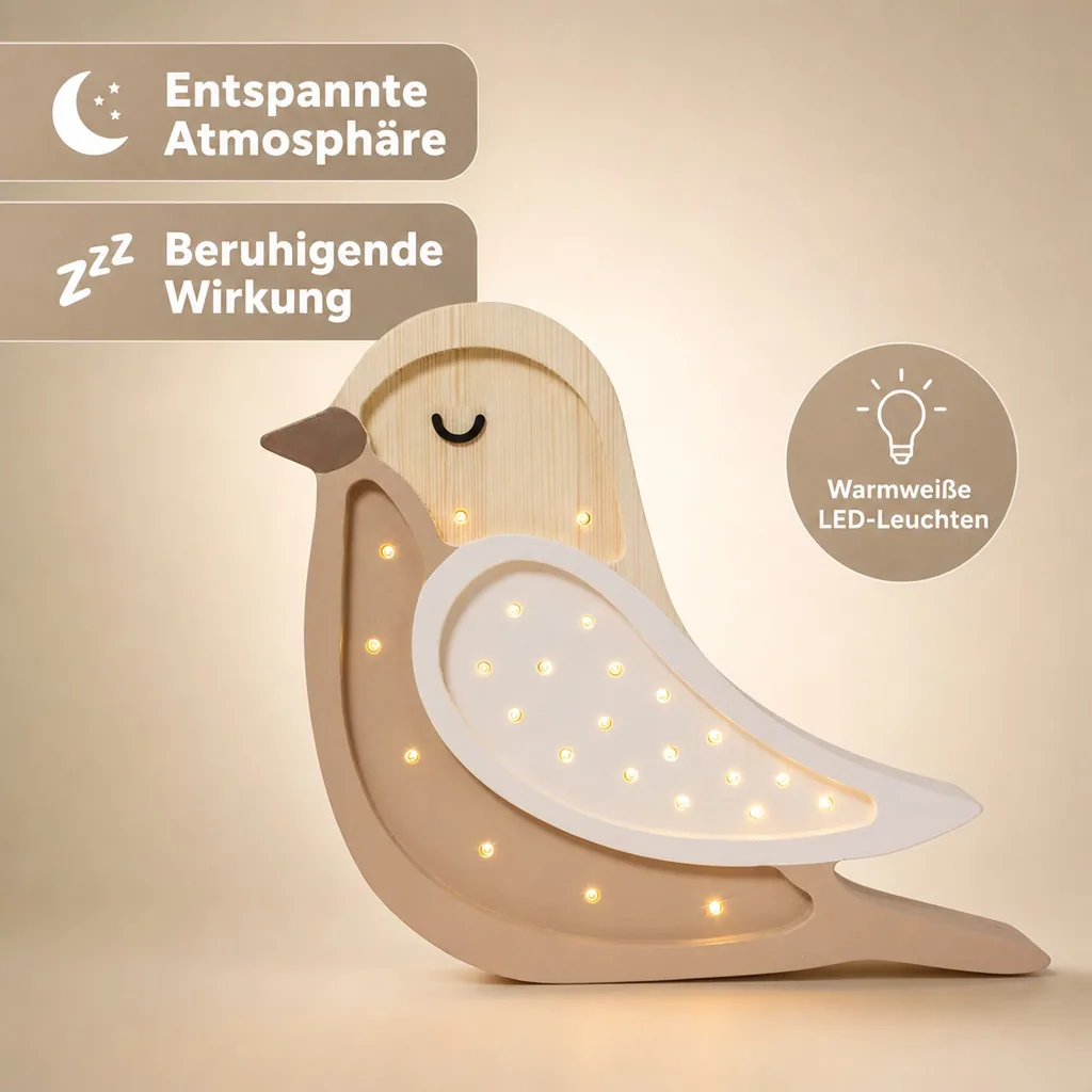 Little Lights Nachtlicht Kinder, Nachtlampe Vogel - 100% Kiefernholz natur, Farbe: Kaffeeholz