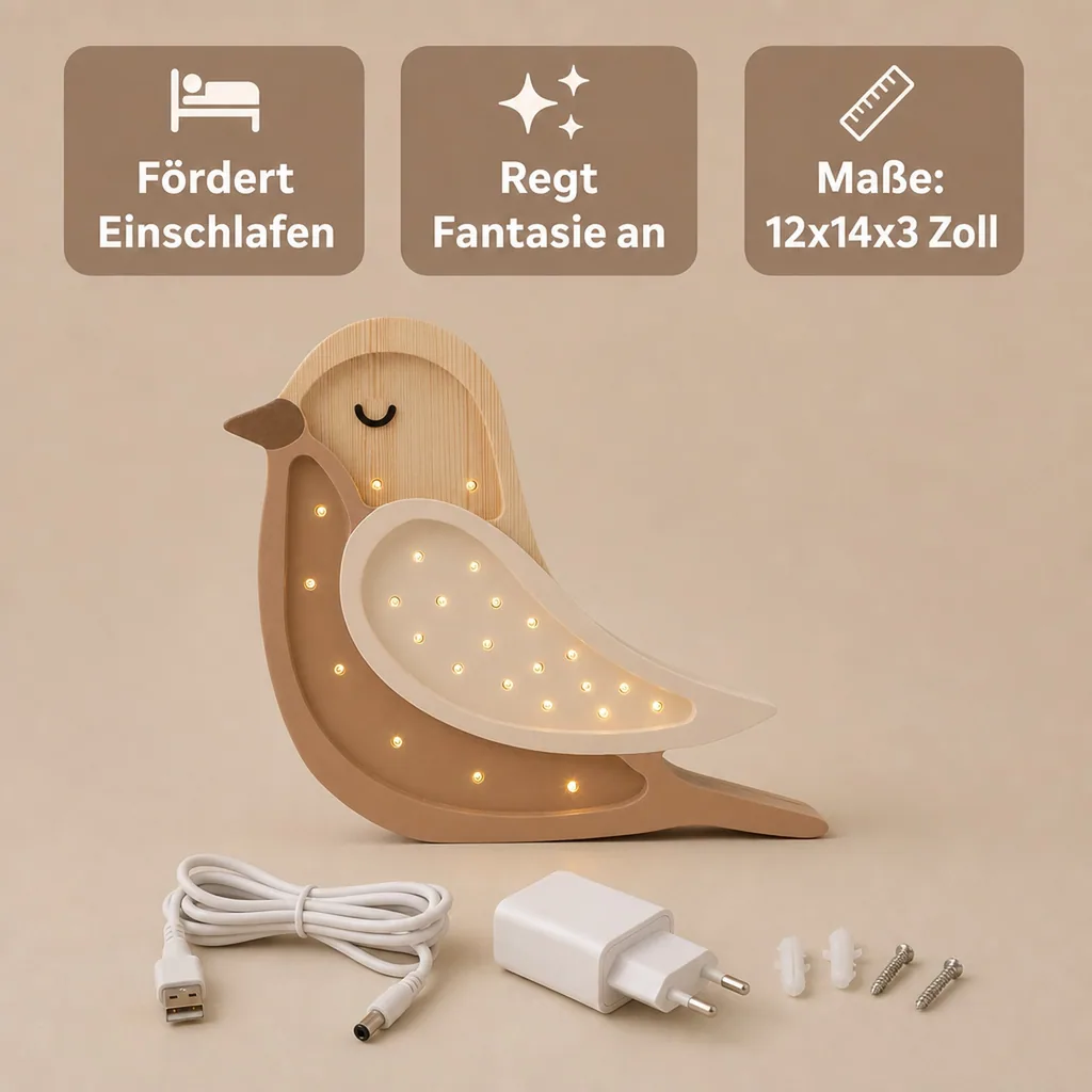 Little Lights Nachtlicht Kinder, Nachtlampe Vogel - 100% Kiefernholz natur, Farbe: Kaffeeholz