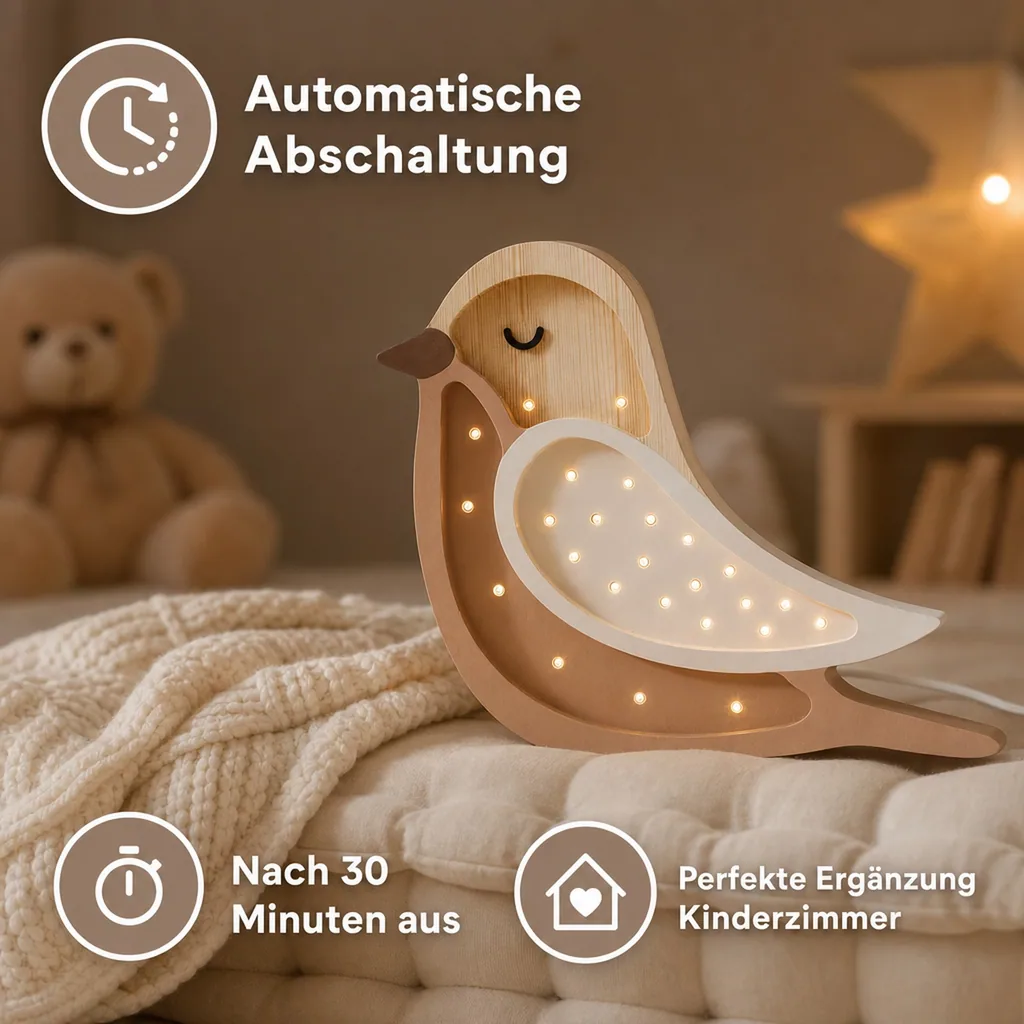 Little Lights Nachtlicht Kinder, Nachtlampe Vogel - 100% Kiefernholz natur, Farbe: Kaffeeholz