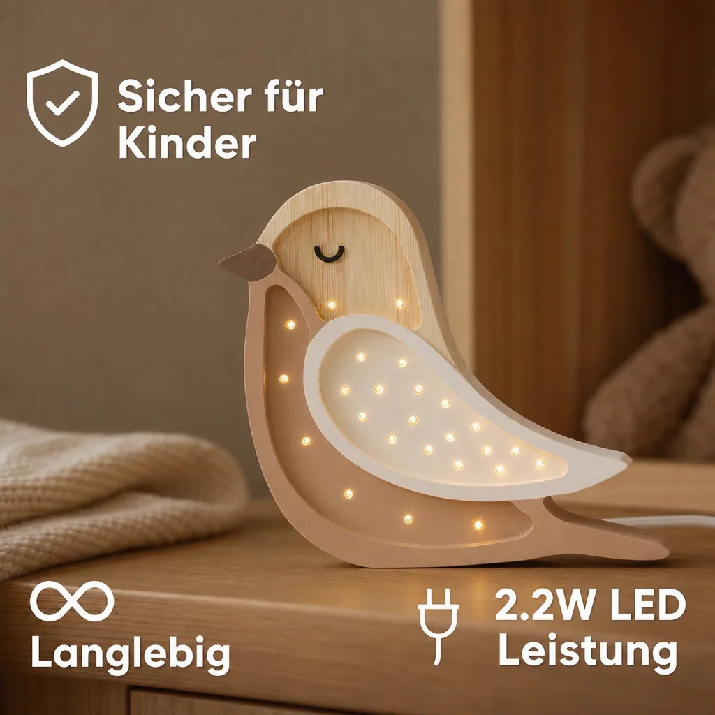 Little Lights Nachtlicht Kinder, Nachtlampe Vogel - 100% Kiefernholz natur, Farbe: Kaffeeholz