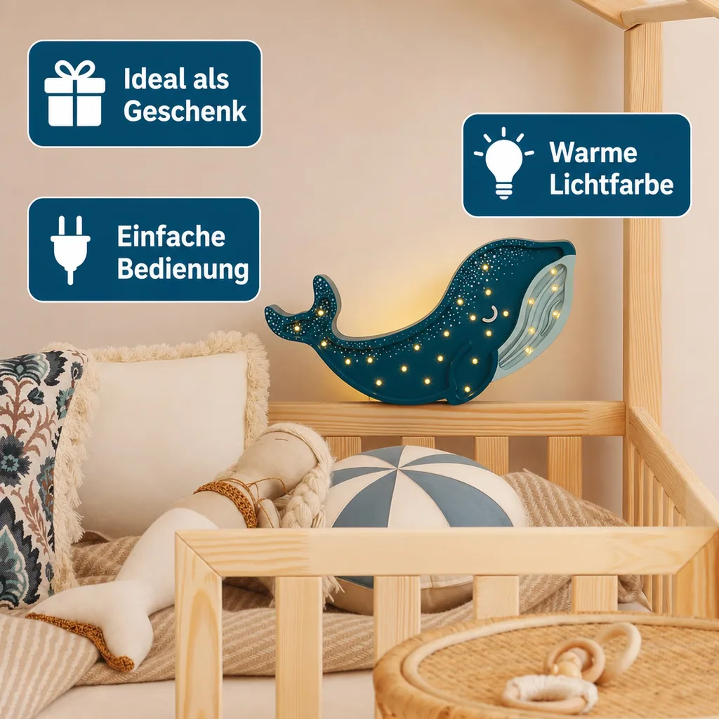 Little Lights Nachtlicht Kinder, Nachtlampe Walfisch - 100% Kiefernholz natur, Farbe: Galaxie-Krickente