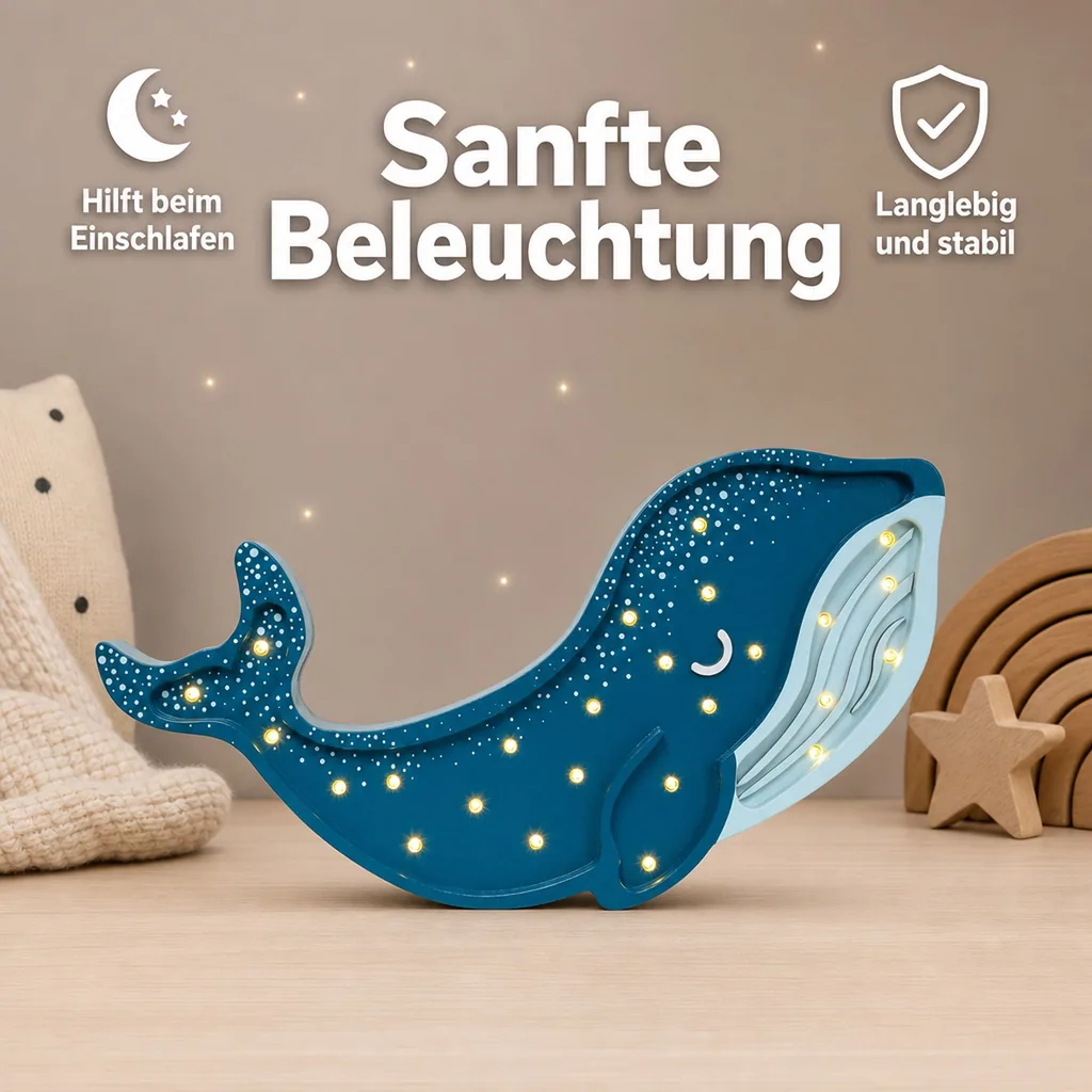 Little Lights Nachtlicht Kinder, Nachtlampe Walfisch - 100% Kiefernholz natur, Farbe: Galaxie-Krickente