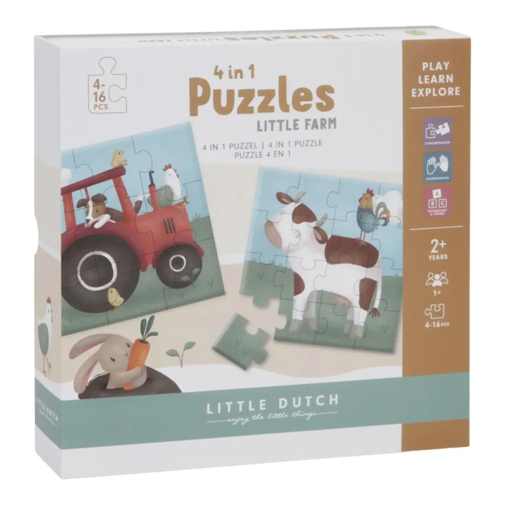 Little Dutch Puzzle-Set Little Farm - 4-teiliges Lernspielzeug mit verschiedenen Schwierigkeitsgraden für Kinder ab 2 Jahren