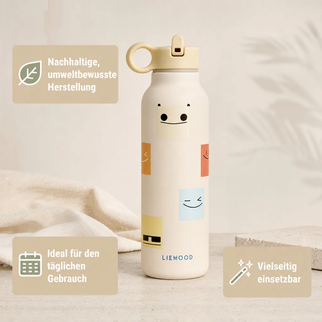 Liewood Falk Wasserflasche,Trinkflasche Kinder - Smiley / Sand, 500 ml