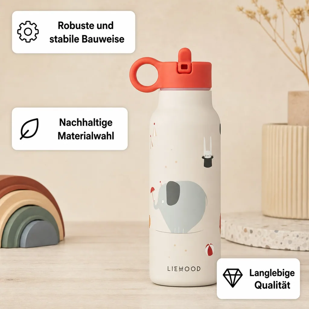 Trinkflasche für Kinder aus Edelstahl mit Strohhalmdeckel, 350 ml – Liewood Falk, Zirkus / Sand