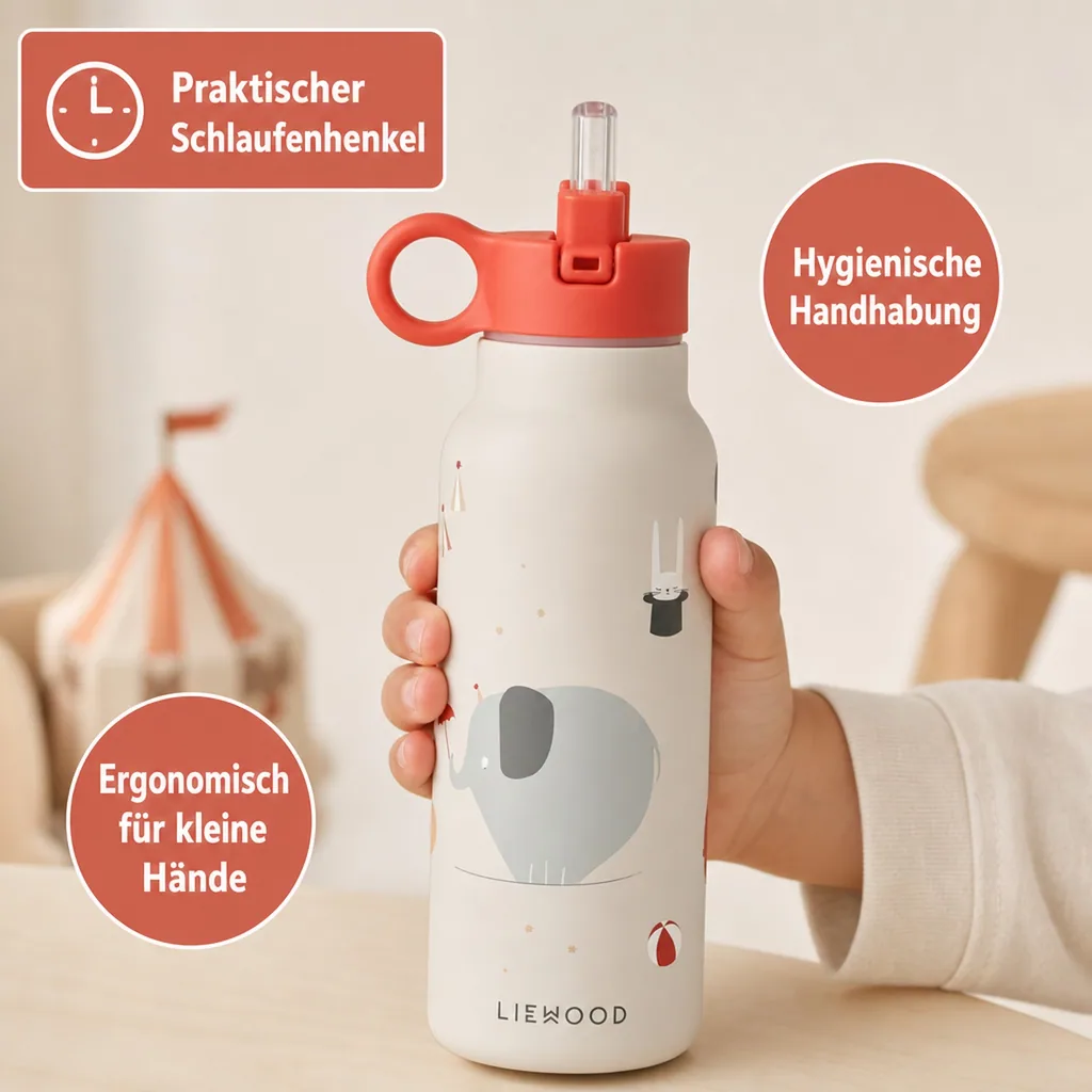 Trinkflasche für Kinder aus Edelstahl mit Strohhalmdeckel, 350 ml – Liewood Falk, Zirkus / Sand
