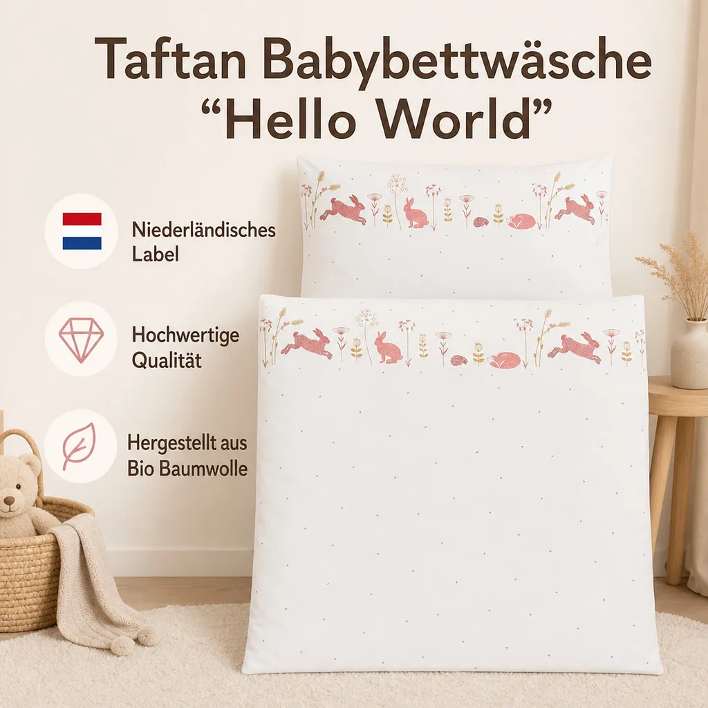 Taftan Babybettwäsche "Hello World" rosa beige 80 x 80