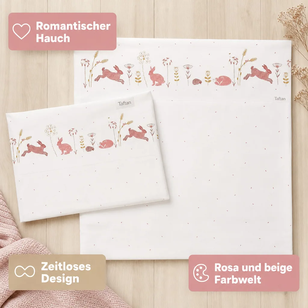 Taftan Babybettwäsche "Hello World" rosa beige 80 x 80