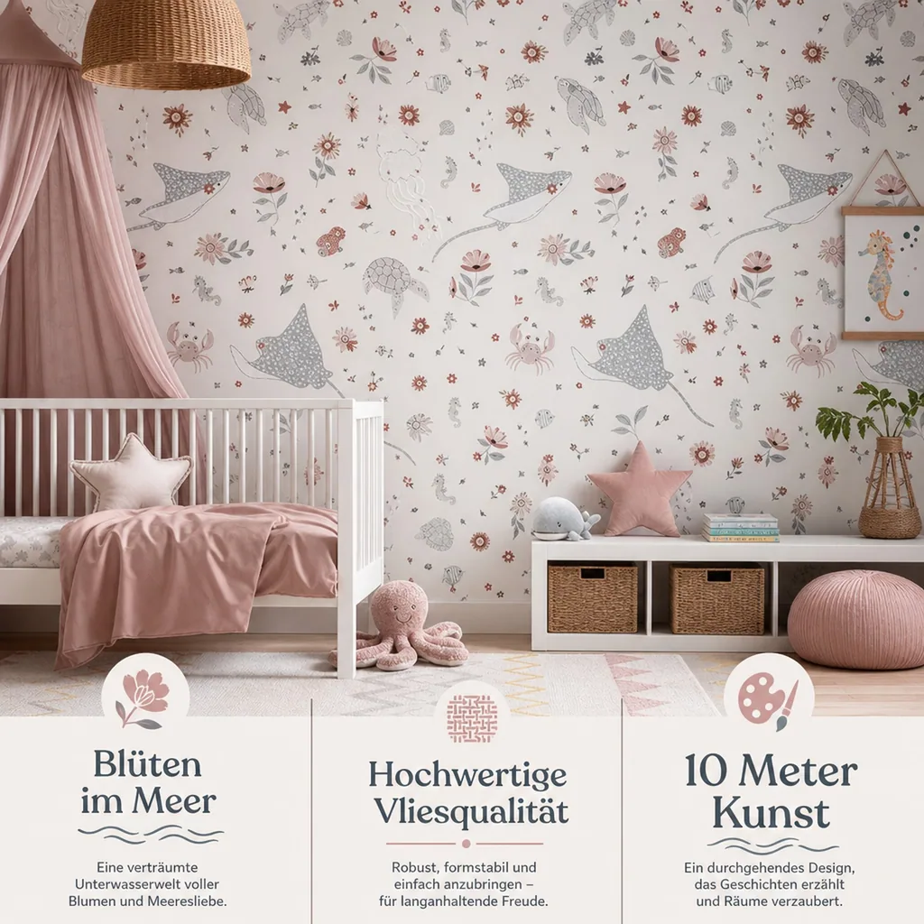 Lilipinso Vlies Tapete Florale Unterwasserwelt grau rosa