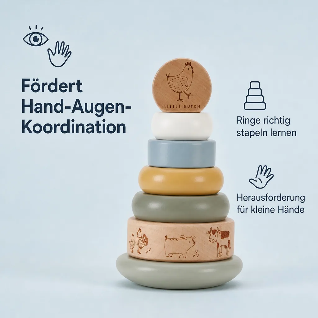 Little Dutch Stapelturm Holz mit Ringen - Motorikspielzeug aus Holz für Kleinkinder ab 12 Monaten