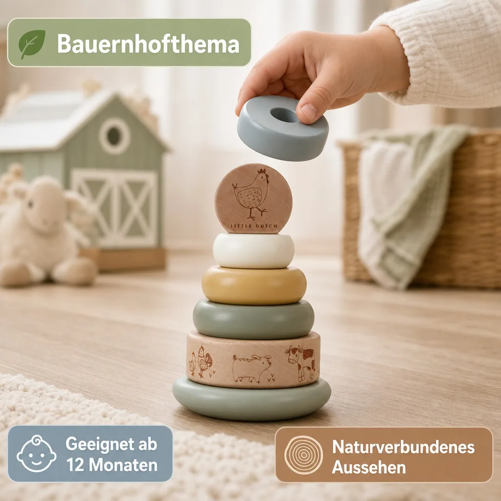Little Dutch Stapelturm Holz mit Ringen - Motorikspielzeug aus Holz für Kleinkinder ab 12 Monaten