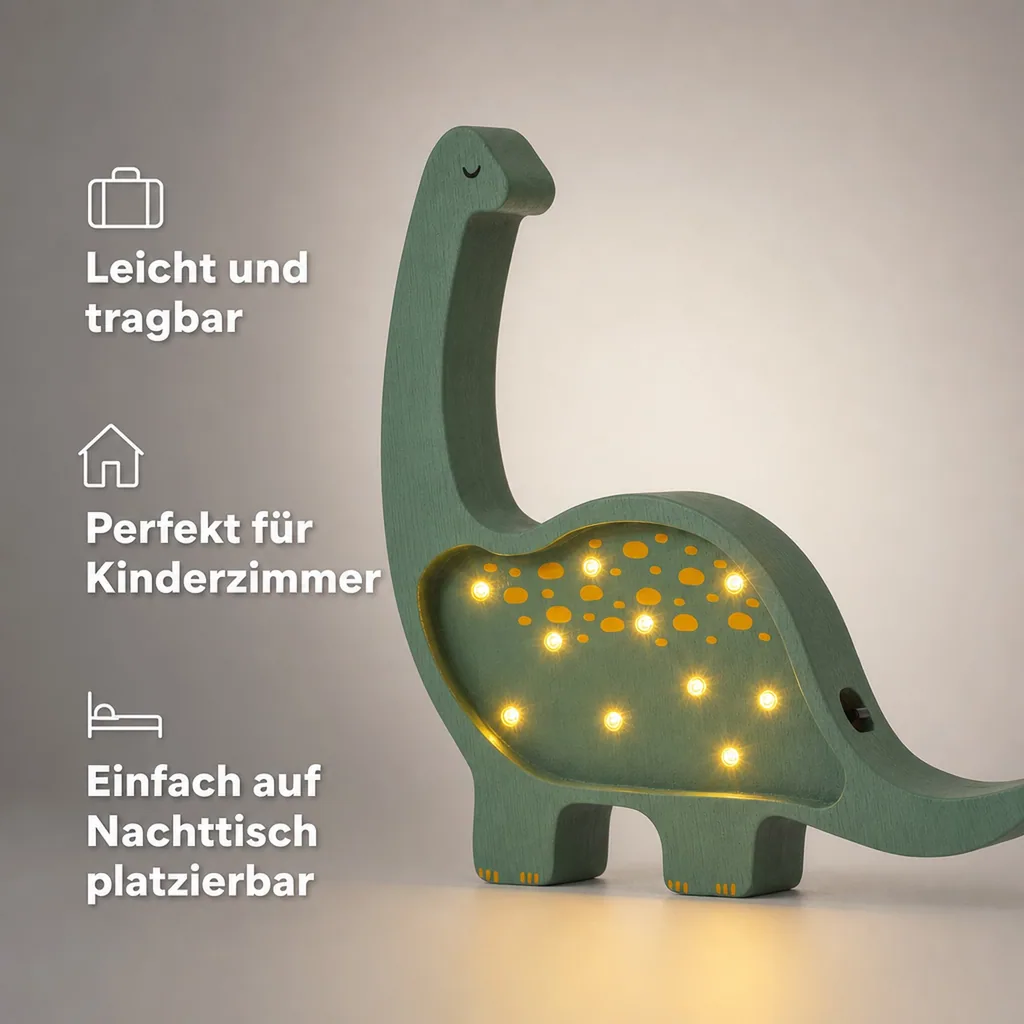 Little Lights Nachtlicht Kinder, Nachtlampe Mini-Dinosaurier - 100% Kiefernholz natur, Farbe: Militärgrün