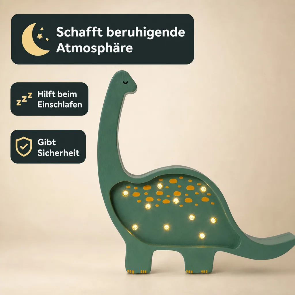 Little Lights Nachtlicht Kinder, Nachtlampe Mini-Dinosaurier - 100% Kiefernholz natur, Farbe: Militärgrün