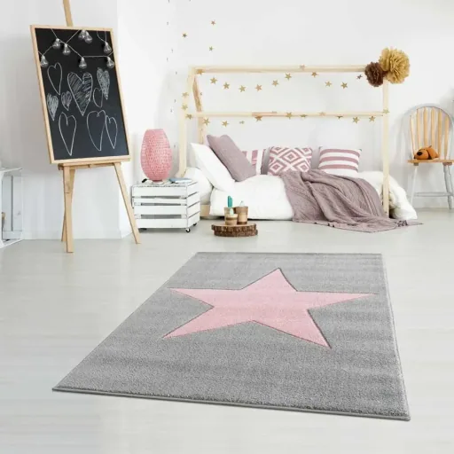 Livone Kinderteppich Stern rosa auf grau, Teppichgrösse: 160 x 230 cm
