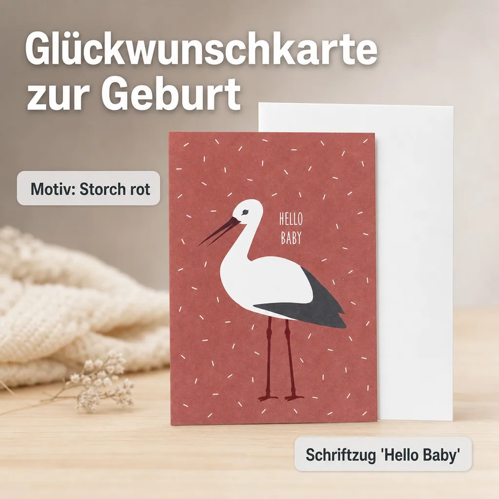 Ava & Yves Glückwunsch Karte zur Geburt Storch rot