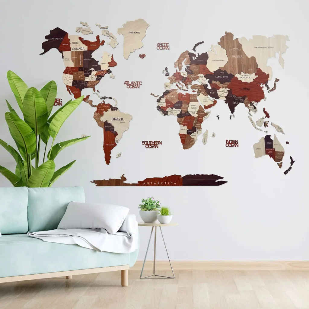 Weltkarte Holz in Multicolor, Green Split - 3D Wanddekoration, Weltkarte Größe: L